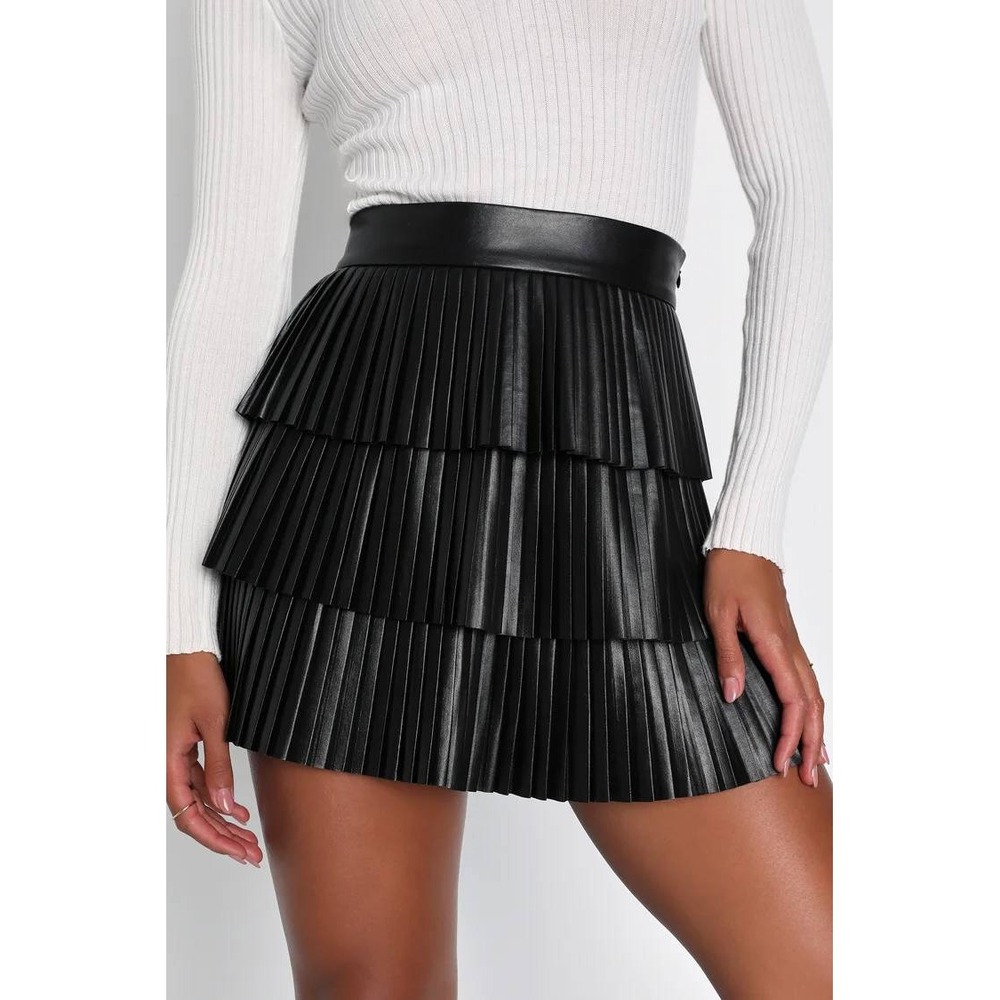Lulus Black Faux Leather Tiered Pleated Mini Skirt Large Accordion Pleat